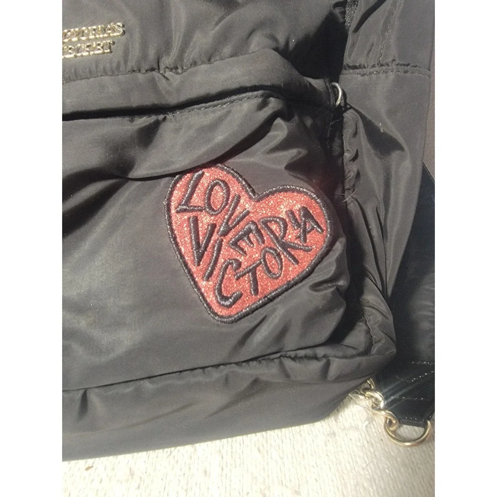Victorias Secret Love Victoria Backpack Black Nylon Patch Gold Chain Quilted